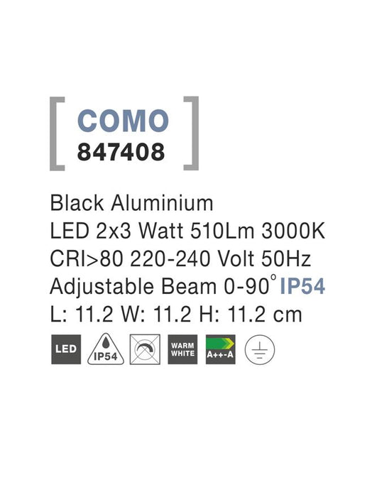COMO Black Alum. LED 2x3 Watt 510Lm 3000K Adj. Beam L: 11.2 H: 11.2 cm IP54