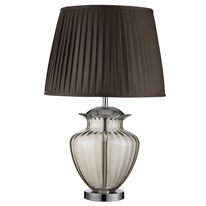 ELINA TABLE LAMP LARGE GLASS URN, AMBER GLASS, CHROME, BROWN PLEATED SHADE