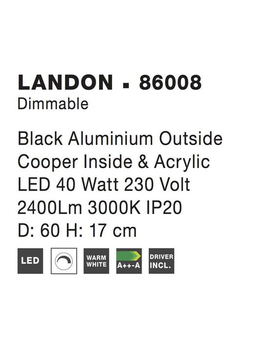 LANDON Black Aluminium Outside Copper Inside & Acrylic LED 40W 2400Lm 3000K IP20 D: 60 H: 17 cm