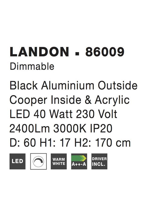 LANDON Black Aluminium Outside Copper Inside & Acrylic LED 40W 2400Lm 3000K IP20 D:60 H2:170 cm