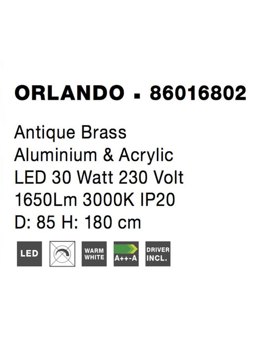 ORLANDO Antique Brass Aluminium & Acrylic LED 30 Watt 1650Lm 3000K IP20 D: 85 H1: 4 H2: 180 cm