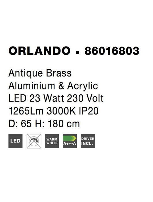ORLANDO Antique Brass Aluminium & Acrylic LED 23 Watt 1265Lm 3000K IP20 D: 65 H1: 4 H2: 180 cm