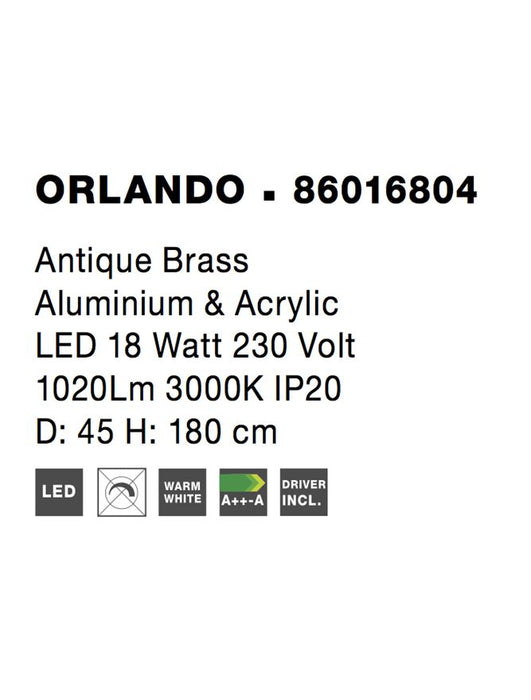 ORLANDO Antique Brass Aluminium & Acrylic LED 18 Watt 1020Lm 3000K IP20 D: 45 H1: 4 H2: 180 cm