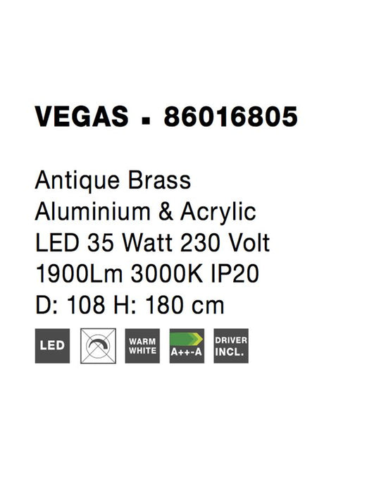 VEGAS Antique Brass Aluminium & Acrylic LED 35 Watt 1900Lm 3000K IP20 D: 108 H1: 4 H2: 180 cm