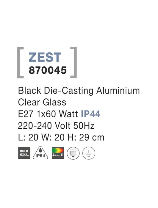 ZEST Black Aluminium Clear Glass E27 1x60 Watt 220-240 Volt L: 20 W: 20 H: 29 cm IP54