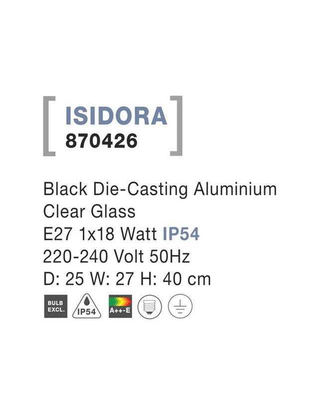 ISIDORA Black Aluminium Clear Glass E27 1x18 Watt 220-240 Volt D: 25 W: 27 H: 40 cm IP54