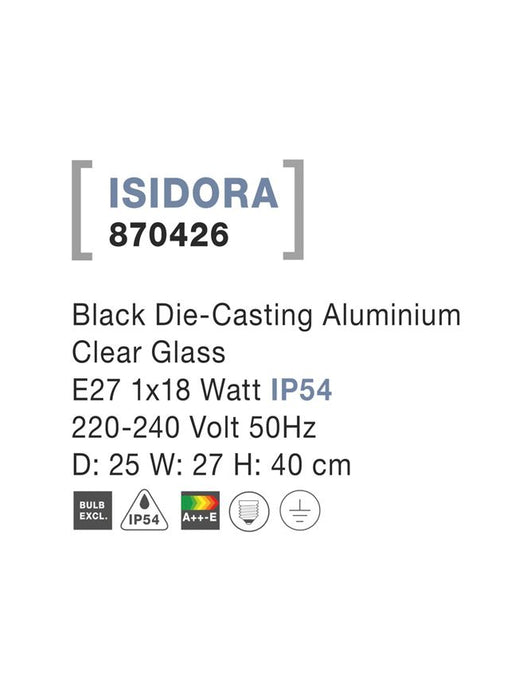 ISIDORA Black Aluminium Clear Glass E27 1x18 Watt 220-240 Volt D: 25 W: 27 H: 40 cm IP54