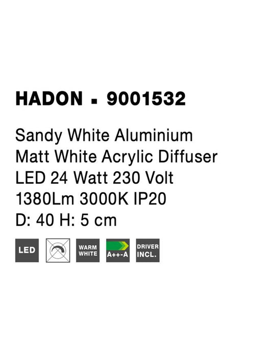 HADON Sandy White Aluminium Matt White Acrylic Diffuser LED 24 Watt 230 Volt 1380Lm 3000K IP20 D: 40 H: 5 cm