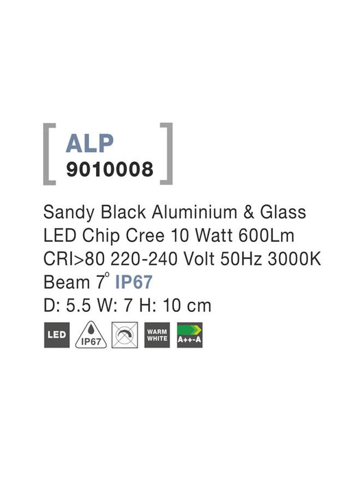 ALP Sandy Black Alum.& Glass LED 10 Watt 600Lm 3000K D: 5.5 W: 7 H: 10 cm IP67