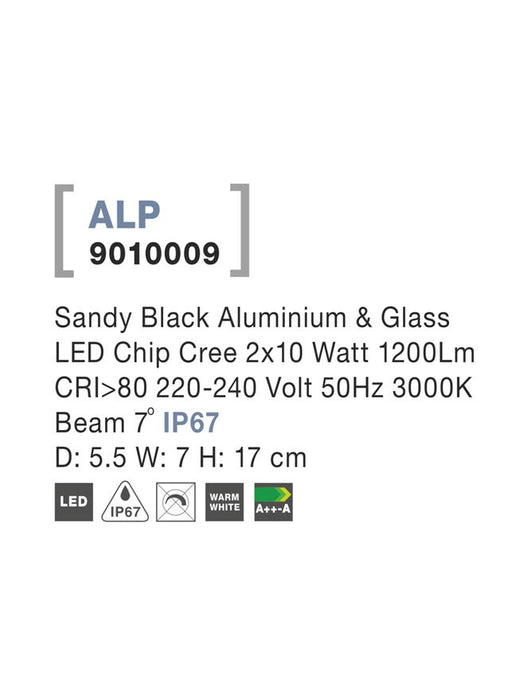 ALP Sandy Black Alum.& Glass LED 2x10 Watt 1200Lm 3000K D: 5.5 W: 7 H: 17 cm IP67