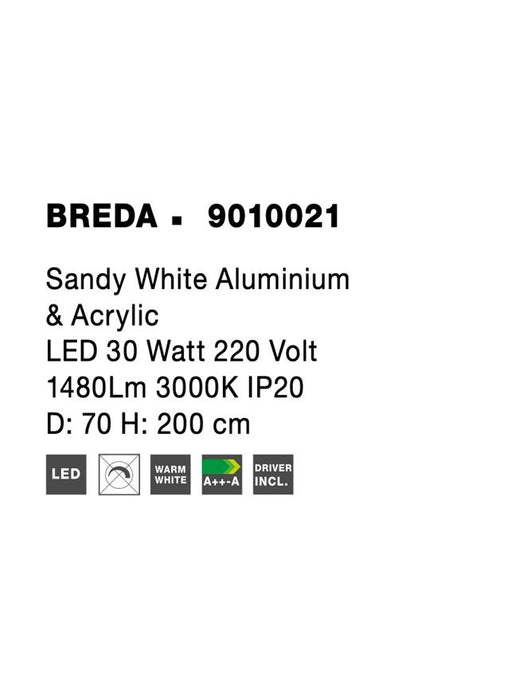 BREDA Sandy White Aluminium & Acrylic LED 30 Watt 220 Volt 1480Lm 3000K IP20 D: 70 H: 200 cm
