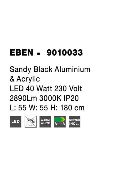 LIOR Sandy Black Aluminium & Acrylic LED 40 Watt 230 Volt 2890Lm 3000K IP20 L: 55 W: 55 H: 180 cm