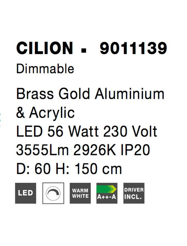 CILION Brass Gold Aluminium & Acrylic LED 56 Watt 230 Volt 3555Lm 2926K IP20 D1: 40 D2: 60 H: 150 cm
