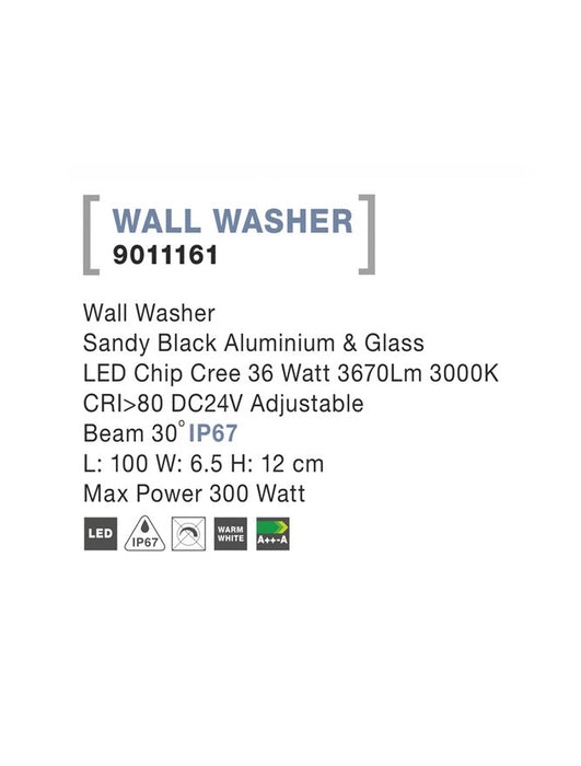 WALL WASHER Black Alum.& Glass LED 36 Watt 3670Lm 3000K L:100 W:6.5 H:12 cm Max300W IP67
