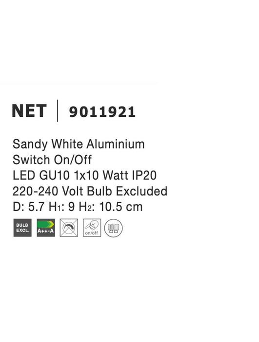 NET Sandy White Aluminium Switch On/Off LED GU10 1x10 Watt IP20 220-240 Volt Bulb Excluded D: 5.7 H1: 9 H2: 10.5 cm Rotating & Adjustable