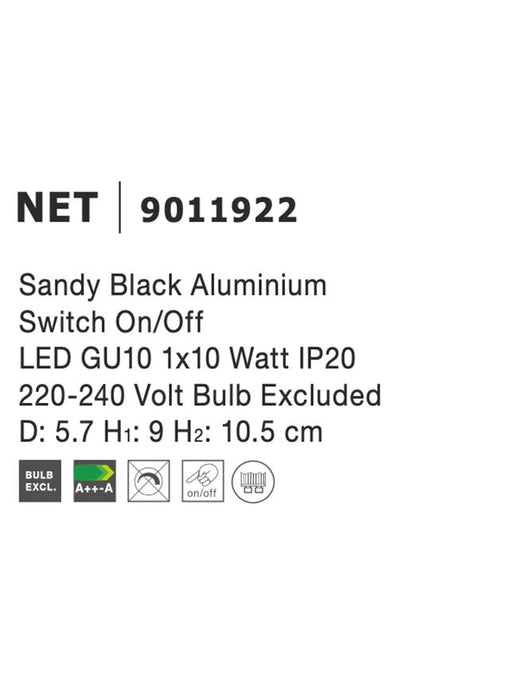 NET Sandy Black Aluminium Switch On/Off LED GU10 1x10 Watt IP20 220-240 Volt Bulb Excluded D: 5.7 H1: 9 H2: 10.5 cm