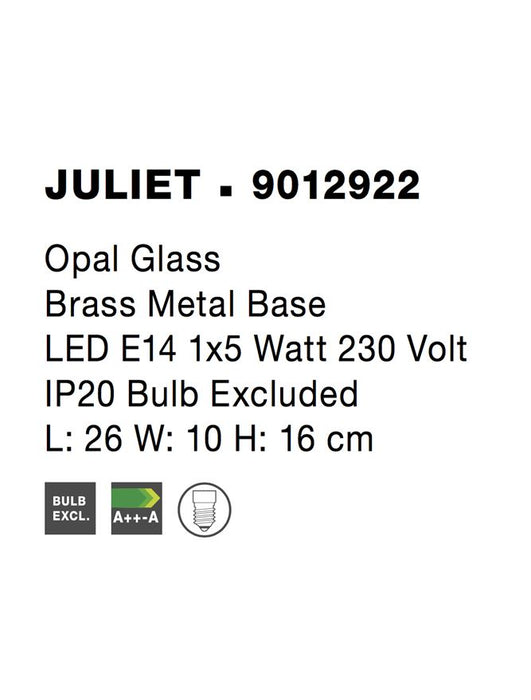 JULIET Opal Glass Brass Metal Base LED E14 1x5 Watt IP20 Bulb Excluded L: 26 W: 10 H: 16 cm