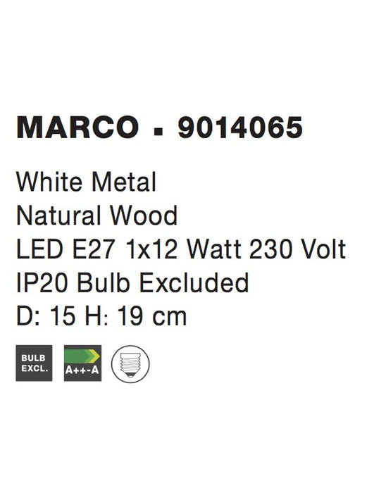 MARCO White Metal Natural Wood LED E27 1x12 Watt 230 Volt IP20 Bulb Excluded D: 15 H: 19 cm