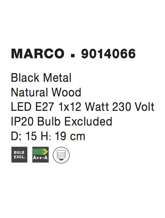 MARCO Black Metal Natural Wood LED E27 1x12 Watt 230 Volt IP20 Bulb Excluded D: 15 H: 19 cm