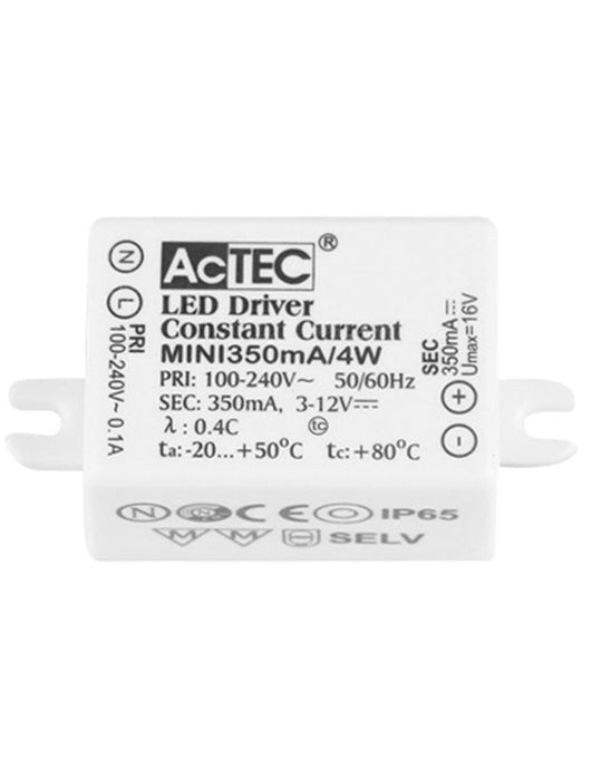 DRIVER Driver 4W ACTEC MINI IP65 Input: 100-240V AC 50/60Hz Output: 3-12 VDC 350mA Not Dimmable