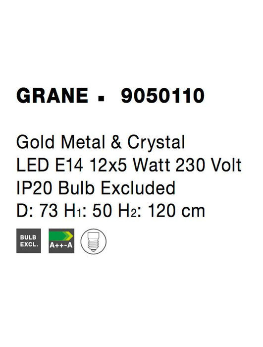 GRANE Gold Metal & Crystal LED E14 12x5 Watt 230 Volt IP20 Bulb Excluded D: 73 H1: 50 H2: 120 cm