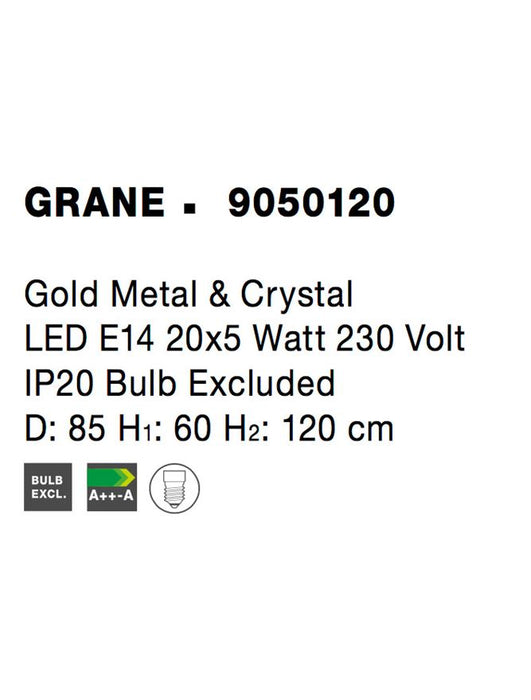 GRANE Gold Metal & Crystal LED E14 20x5 Watt 230 Volt IP20 Bulb Excluded D: 85 H1: 60 H2: 120 cm