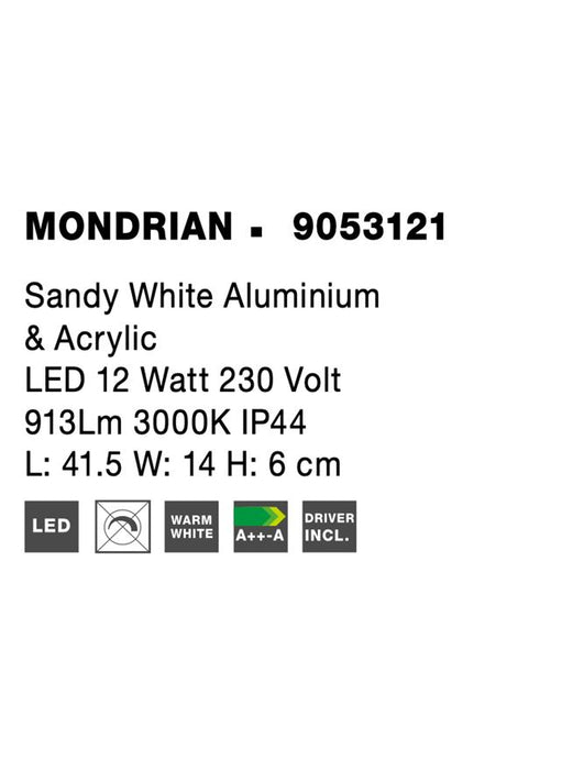 MONDRIAN Sandy White Aluminium & Acrylic LED 12 Watt 220-240 Volt 913Lm 3000K IP44 L: 41.5 W: 14 H: 6 cm