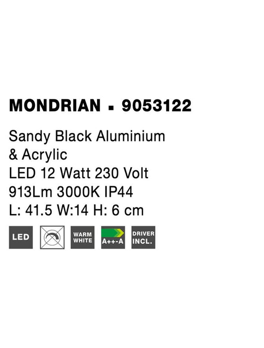 MONDRIAN Sandy Black Aluminium & AcrylicLED 12 Watt 220-240 Volt913Lm 3000K IP44 L: 41.5 W:14 H: 6 cm