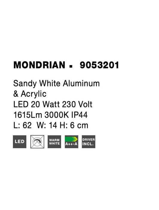 MONDRIAN Sandy White Aluminum & Acrylic LED 20 Watt 220-240 Volt 1615Lm 3000K IP44 L: 62 W: 14 H: 6 cm