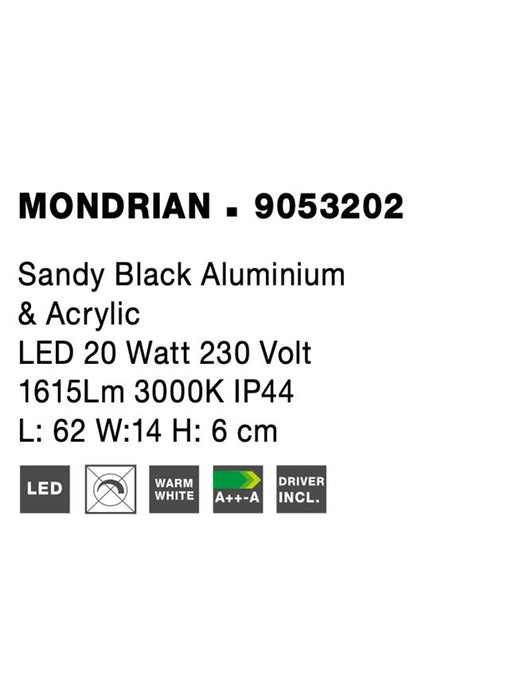 MONDRIAN Sandy Black Aluminium & Acrylic LED 20 Watt 220-240 Volt 1615Lm 3000K IP44 L: 62 W:14 H: 6 cm