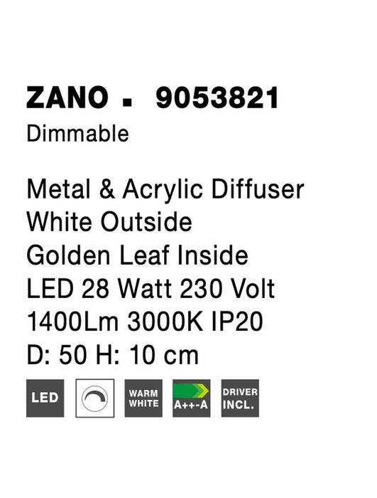 ZANO Metal & Acrylic Diffuser White Outside Golden Leaf Inside LED 28 Watt 230 Volt 1400Lm 3000K IP20 D: 50 H: 10 cm