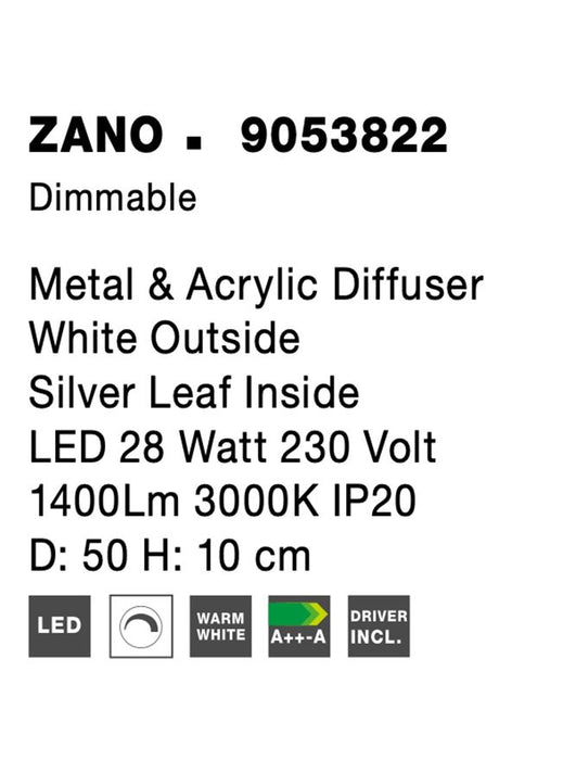 ZANO Metal & Acrylic Diffuser White Outside Silver Leaf Inside LED 28 Watt 230 Volt 1400Lm 3000K IP20 D: 50 H: 10 cm