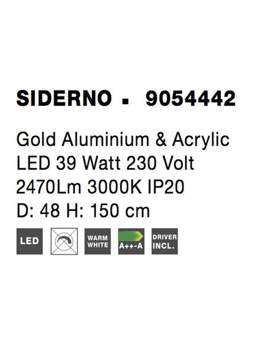 SIDERNO Gold Aluminium & Acrylic LED 39 Watt 230 Volt 2470Lm 3000K IP20 D: 48 H: 150 cm