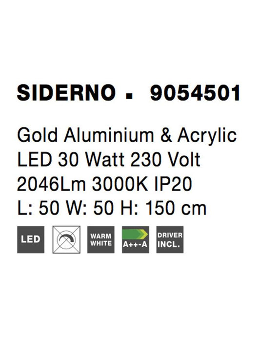 SIDERNO Gold Aluminium & Acrylic LED 30 Watt 230 Volt 2046Lm 3000K IP20 L: 50 W: 50 H: 150 cm