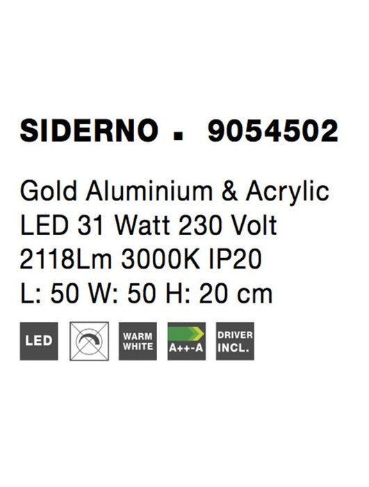 SIDERNO Gold Aluminium & Acrylic LED 31 Watt 230 Volt 2118Lm 3000K IP20 L: 50 W: 50 H: 20 cm