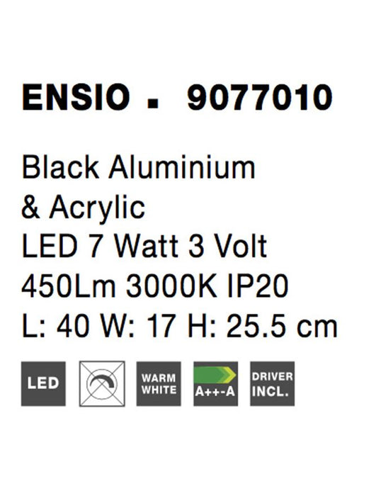 ENSIO Black Aluminium & Acrylic LED 7 Watt 3 Volt 450Lm 3000K IP20 L: 40 W: 17 H: 25.5 cm