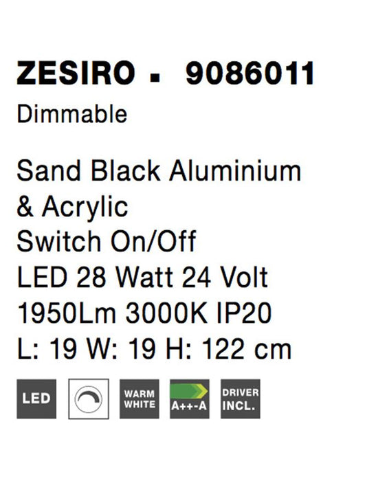 ZESIRO Dimmable Sand Black Aluminium & Acrylic Switch On/Off\ LED 28 Watt 24 Volt 1950Lm 3000K IP20 L: 19 W: 19 H: 122 cm