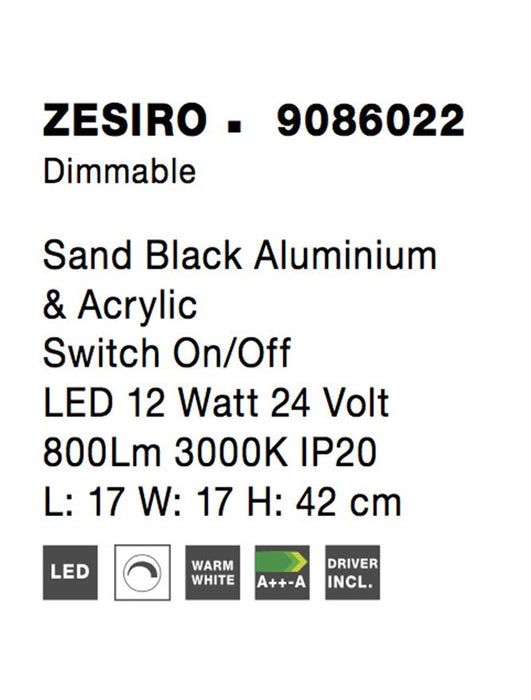 ZESIRO Dimmable Sand Black Aluminium & Acrylic Switch On/Off LED 12 Watt 24 Volt 800Lm 3000K IP20 L: 17 W: 17 H: 42 cm