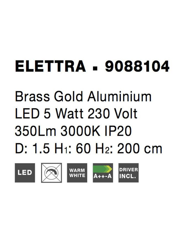 ELETTRA Brass Gold Aluminium LED 5 Watt 230 Volt 350Lm 3000K IP20 D: 1.5 H1: 60 H2: 200 cm
