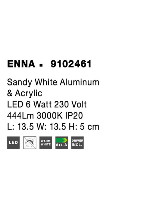 ENNA Sandy White Aluminum & Acrylic LED 6 Watt 220-240 Volt 444Lm 3000K IP20 L: 13.5 W: 13.5 H: 5 cm