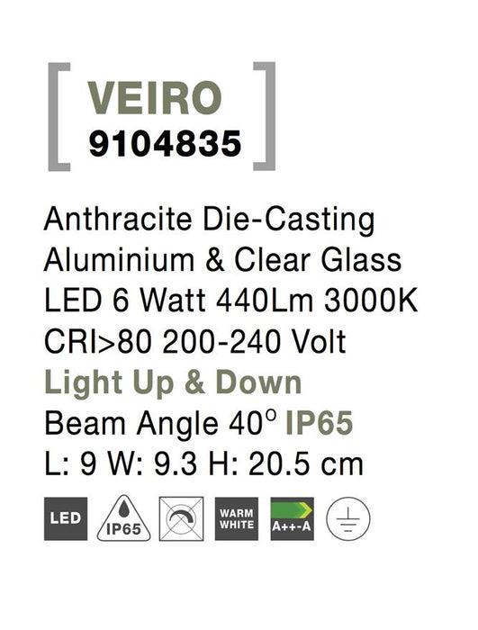 VEIRO Anthracite Die-Casting Aluminium & Clear Glass LED 6 Watt 440Lm 3000K CRI>80 200-240 Volt Light Up & Down Beam Angle 40° IP65 L: 9 W: 9.3 H: 20.5 cm