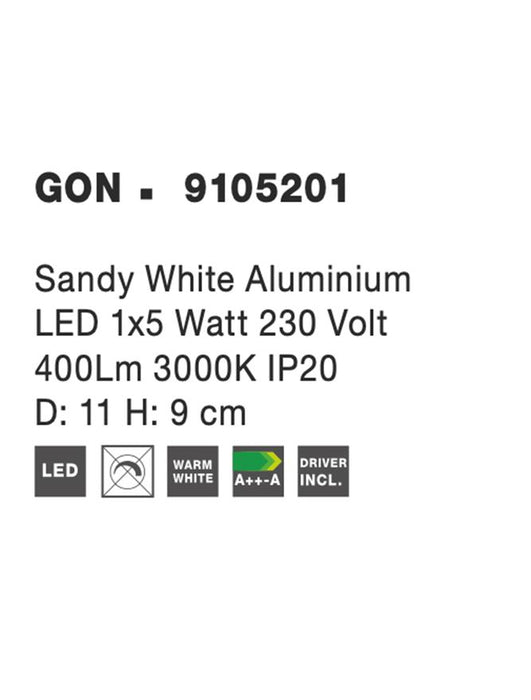 GON Sandy White Aluminium
LED 5 Watt 230 Volt
400Lm 3000K IP20
D: 11 H: 9 cm Rotating & Adjustable