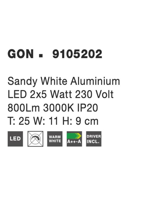 GON Sandy White Aluminium LED 2x5 Watt 230 Volt 800Lm 3000K IP20 L: 25 W: 11 H: 9 cm