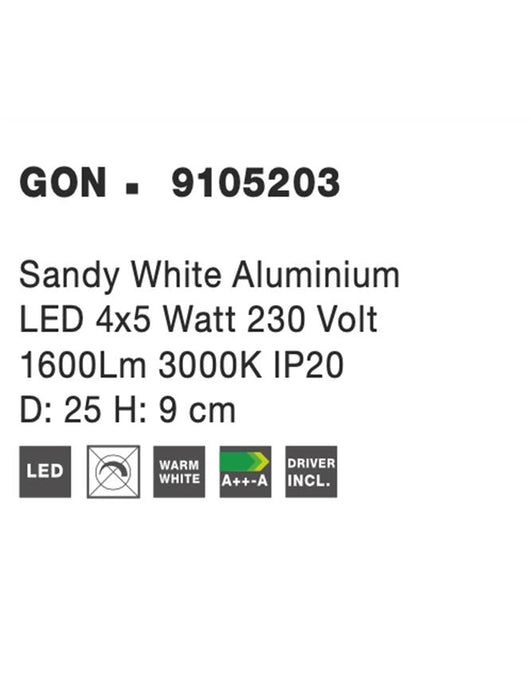 GON Sandy White Aluminium
LED 4x5 Watt 230 Volt
1600Lm 3000K IP20
L: 25 W: 25 H: 9 cm Rotating & Adjustable