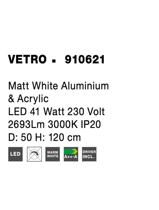 VETRO Matt White Aluminium & Acrylic LED 41 Watt 230 Volt 2693Lm 3000K IP20 D: 50 H: 120 cm