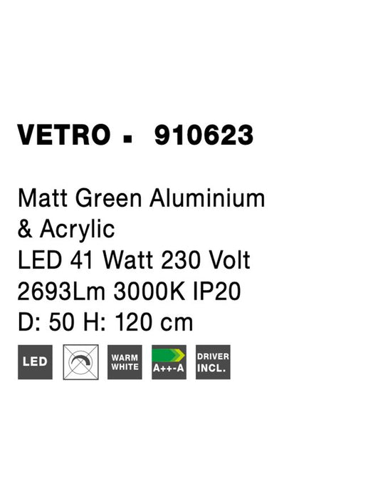 VETRO Matt Green Aluminium & Acrylic LED 41 Watt 230 Volt 2693Lm 3000K IP20 D: 50 H: 120 cm