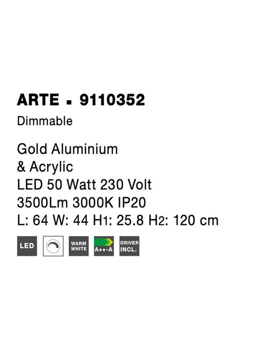 ARTE Gold Aluminium & Acrylic LED 50 Watt 230 Volt 3500Lm 3000K IP20 L: 64 W: 44 H1: 25.8 H2: 120 cm