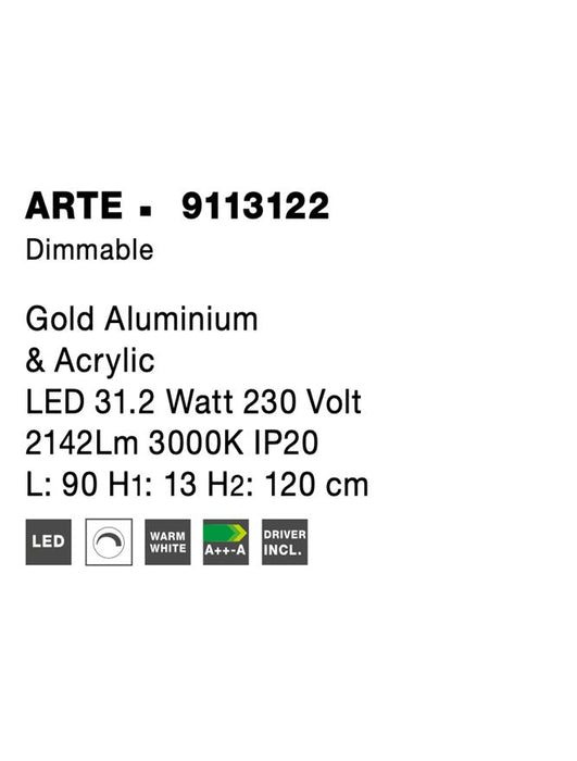 ARTE Gold Aluminium & Acrylic LED 31.2 Watt 230 Volt 2142Lm 3000K IP20 L: 90 H1: 13 H2: 120 cm