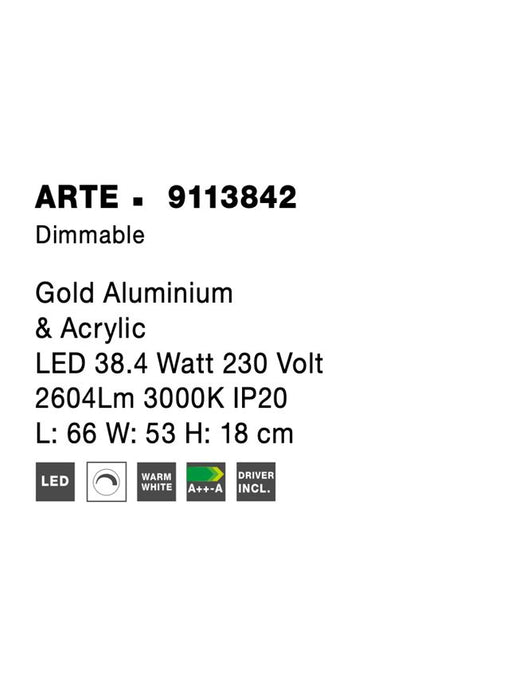 ARTE Gold Aluminium & Acrylic LED 38.4 Watt 230 Volt 2604Lm 3000K IP20 L: 66 W: 53 H: 18 cm