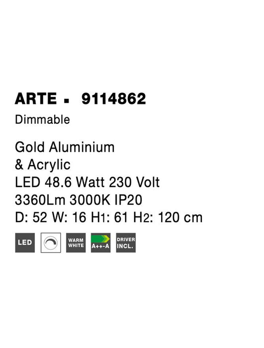 ARTE Gold Aluminium & Acrylic LED 48.6 Watt 230 Volt 3360Lm 3000K IP20 D: 52 W: 16 H1: 61 H2: 120 cm